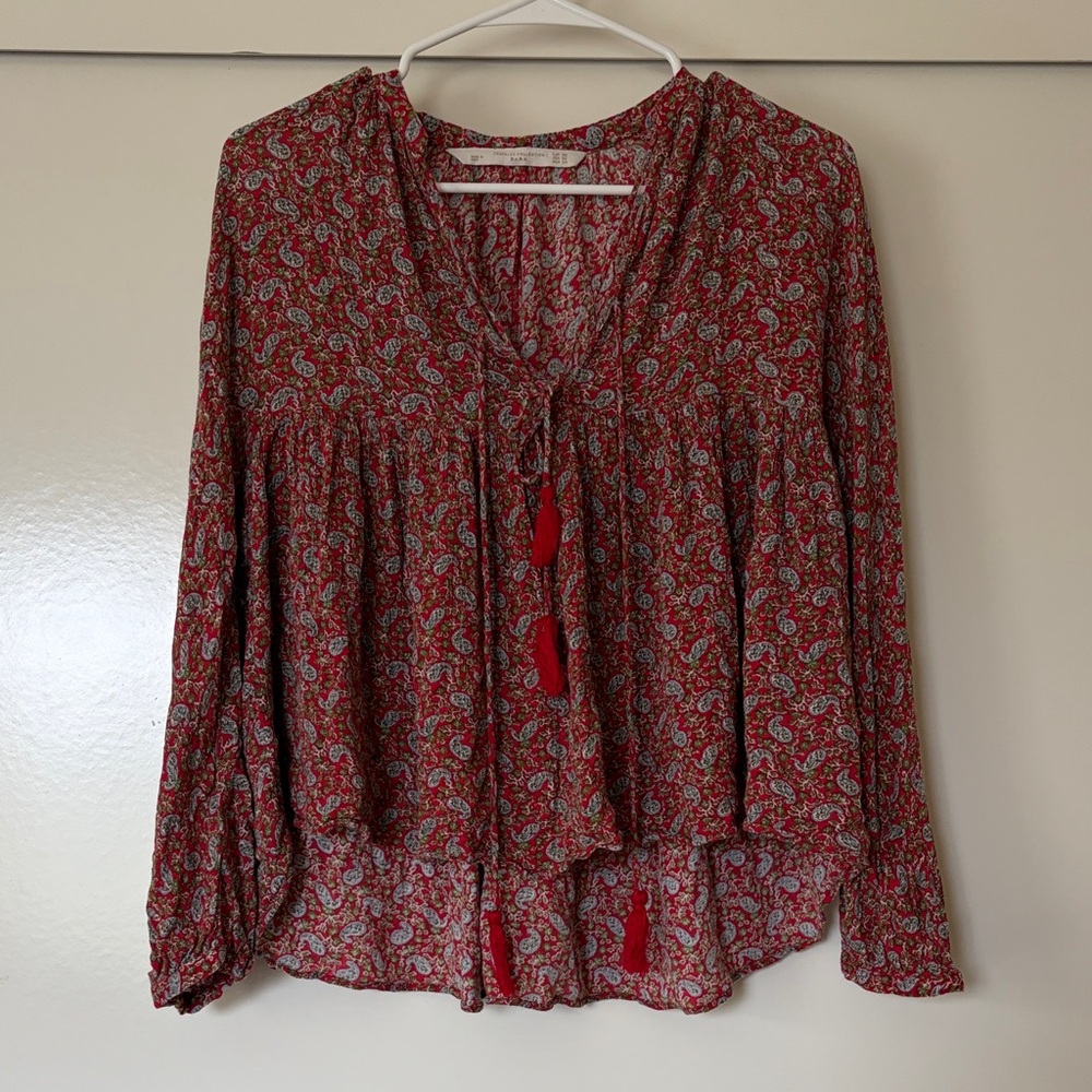 Zara Red Paisley Tie-Front Peasant Blouse